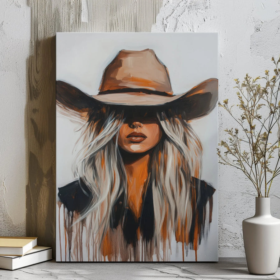 Cowgirl Wall Art Canvas | Abstract Western Portrait Painting | 1.25 Inch Gallery Wrap | Modern Farmhouse Decor For Bedroom Or Office