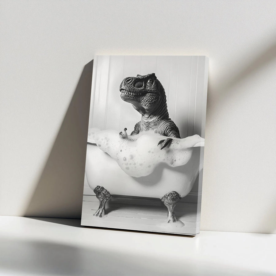 T-Rex in Bathtub Canvas | Funny Black and White Dinosaur Art | Premium Gallery Wrap Wall Decor | Quirky Bathroom Gift for Adults