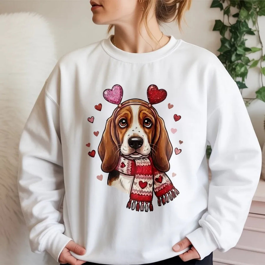 Basset Hound Valentine Sweatshirt | Cute Dog Heart Scarf Print | Premium Cotton Blend Crewneck | Dog Mom Lover Gift Idea