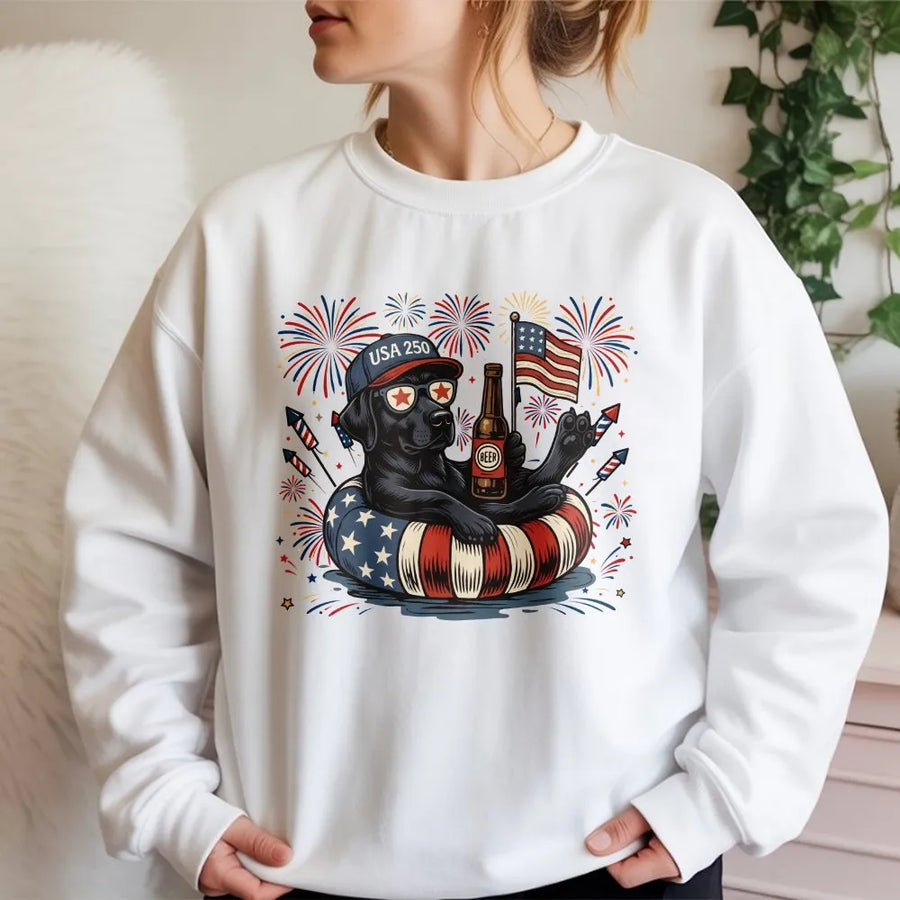 USA 250 Patriotic Dog Sweatshirt | Funny Black Lab with American Flag | Soft Cotton-Poly Blend | Unisex 4th of July Gift for Dog Lovers