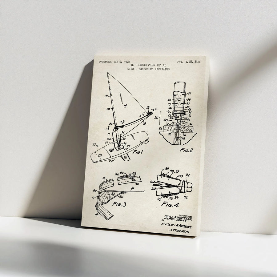 Windsurfer Patent Wall Art | 1970 Wind Propelled Apparatus Technical Drawing | Premium Gallery Wrap Canvas | Vintage Nautical Decor Gift For Sailors
