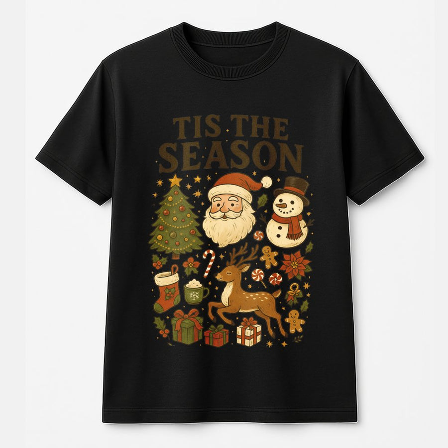 Tis The Season Christmas T-Shirt | Retro Santa and Snowman Graphic Print | 100% Cotton Soft Tee | Holiday Gift for Women and Men
