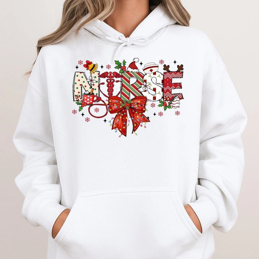 Christmas Nurse Hoodie | Festive Holiday Medical Graphic Sweatshirt | Cotton-Polyester Premium Quality | Gift for Registered Nurse, RN, LPN
