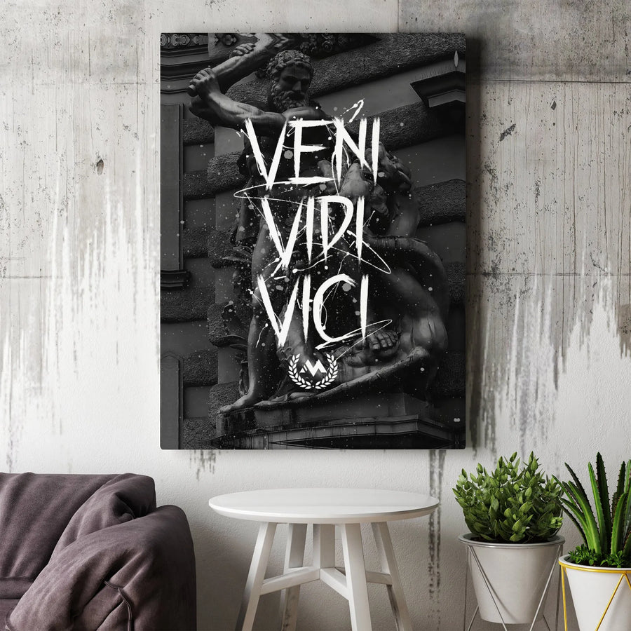 Veni Vidi Vici Canvas Wall Art | Motivational Latin Quote Print | Premium Hercules Statue Artwork | Stoic Gym Decor Gift for Men