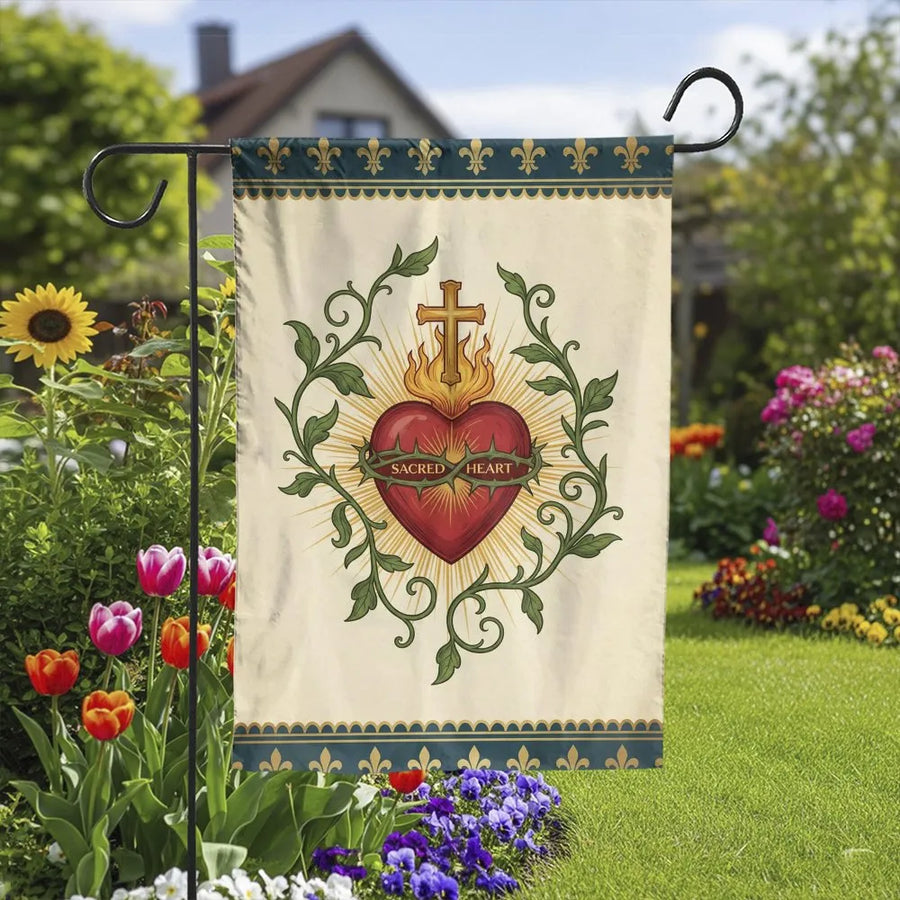 Sacred Heart of Jesus Garden Flag | Vintage Fleur-de-lis Botanical Art | Double Sided Premium Polyester | Catholic Christian Home Decor Gift