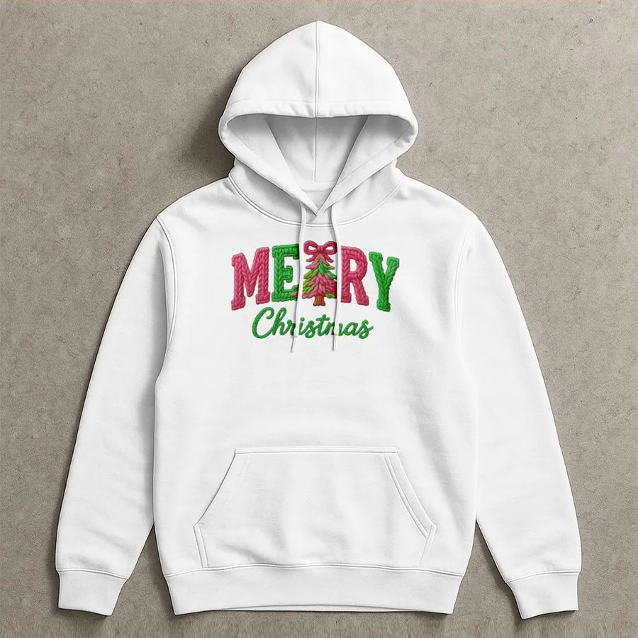 Merry Christmas Hoodie | Faux Yarn Knit Style Graphic | Premium Cotton Blend | Festive Holiday Gift for Women and Men