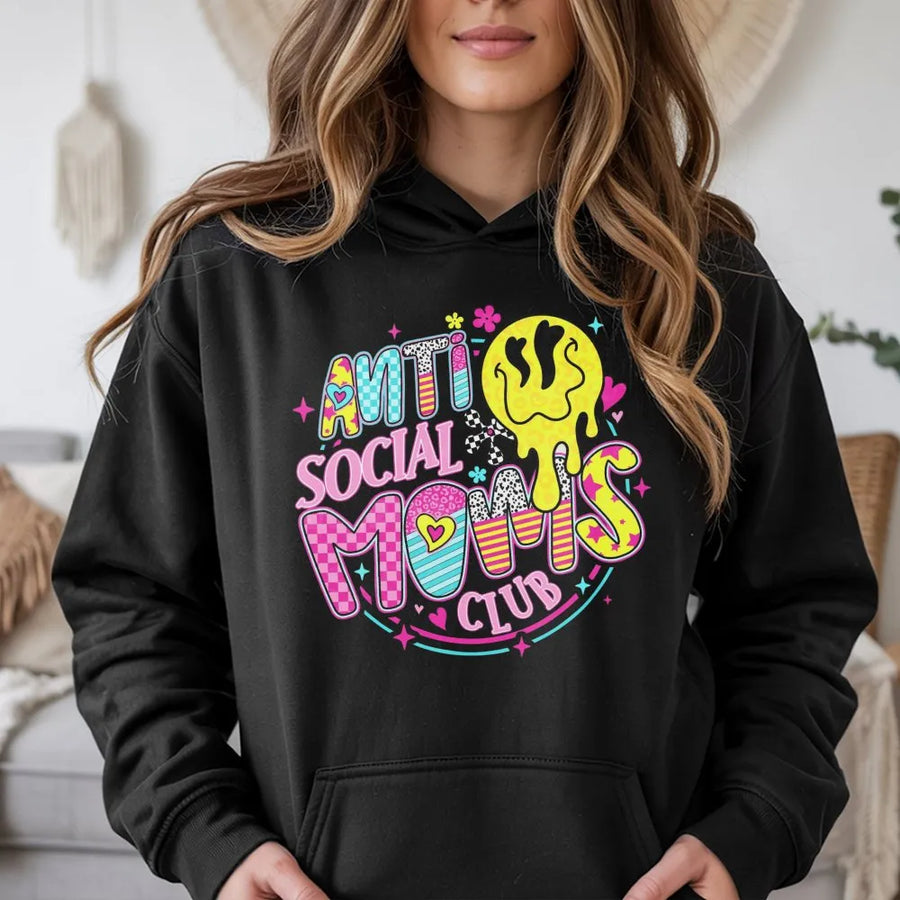 Anti Social Moms Club Hoodie | Retro Y2K Graphic Sweatshirt | Premium Cotton Blend | Funny Sarcastic Gift for Mom and Mama Life