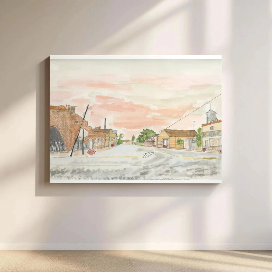 Small Town Street Scene Watercolor Canvas | Nostalgic Rural Townscape Art | Premium Gallery-Wrapped Print | Home Office Decor Gift