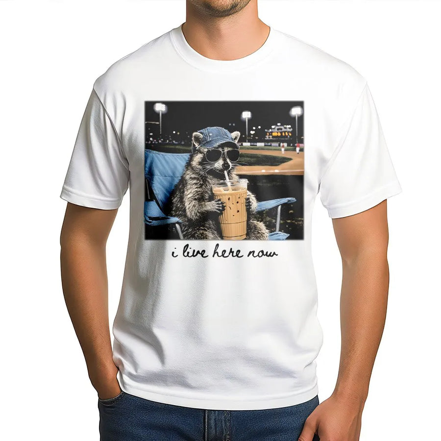 Funny Raccoon Baseball T-Shirt | 'I Live Here Now' Graphic Tee | Soft Cotton Unisex Tee | Gift for Baseball Mom or Softball Dad Tournament Fan