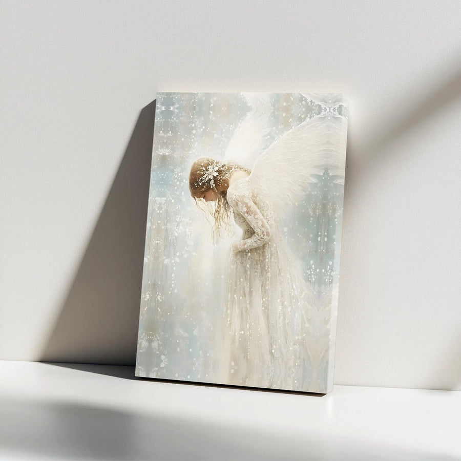 Serene Angel Wall Art | Ethereal Woman in White Lace Gown | Premium Gallery-Wrapped Canvas | Spiritual Home Decor Gift