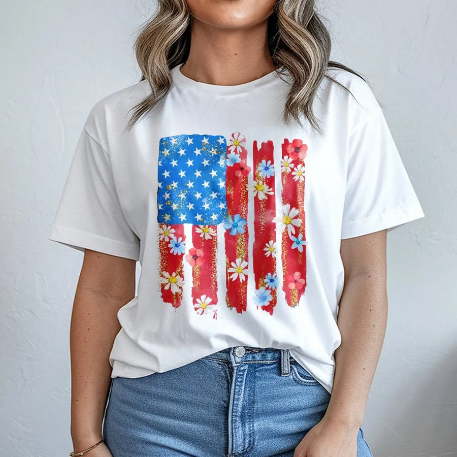 Floral American Flag T-Shirt | Retro Watercolor USA Flag Design | Premium Cotton Blend | Patriotic Fourth of July Gift for Women