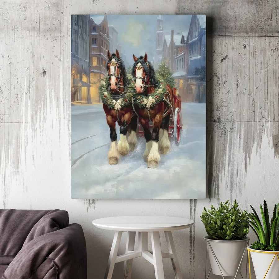 Christmas Horse Carriage Canvas Wall Art | Snowy Town Winter Scene | Premium Gallery Wrap Print | Festive Holiday Decor For Farmhouse Home
