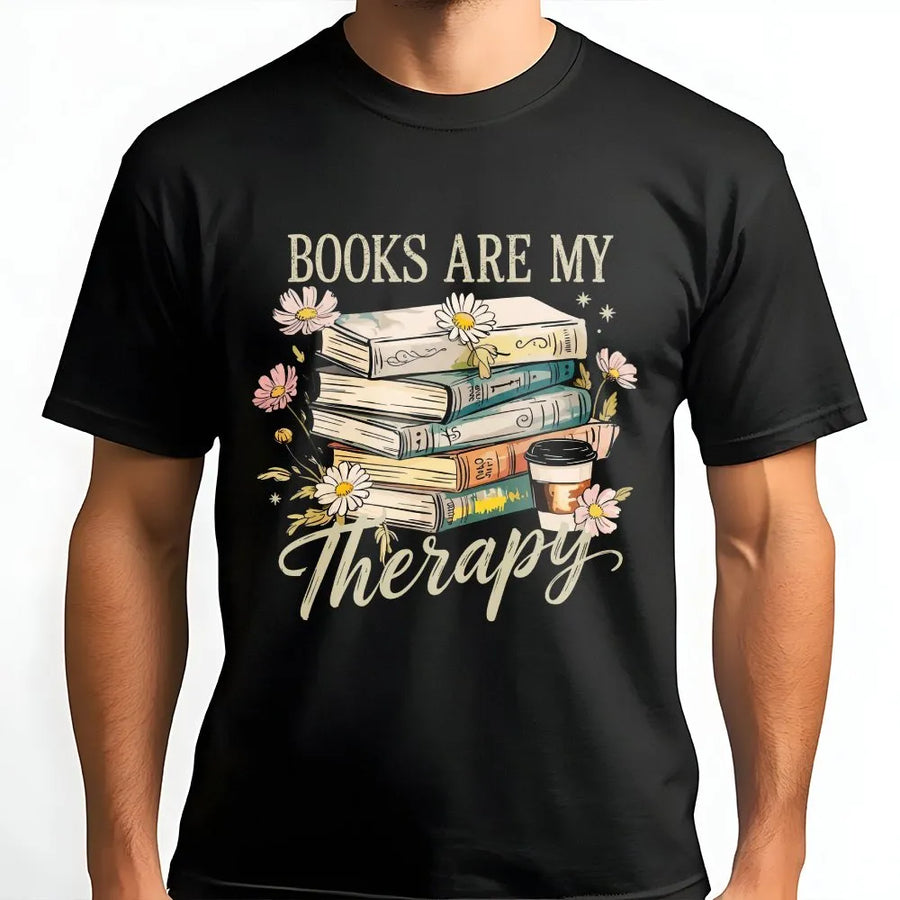 Books Are My Therapy T-Shirt | Floral Book Stack Reader Graphic | Premium 100% Cotton Tee | Gift for Book Lovers and Librarians