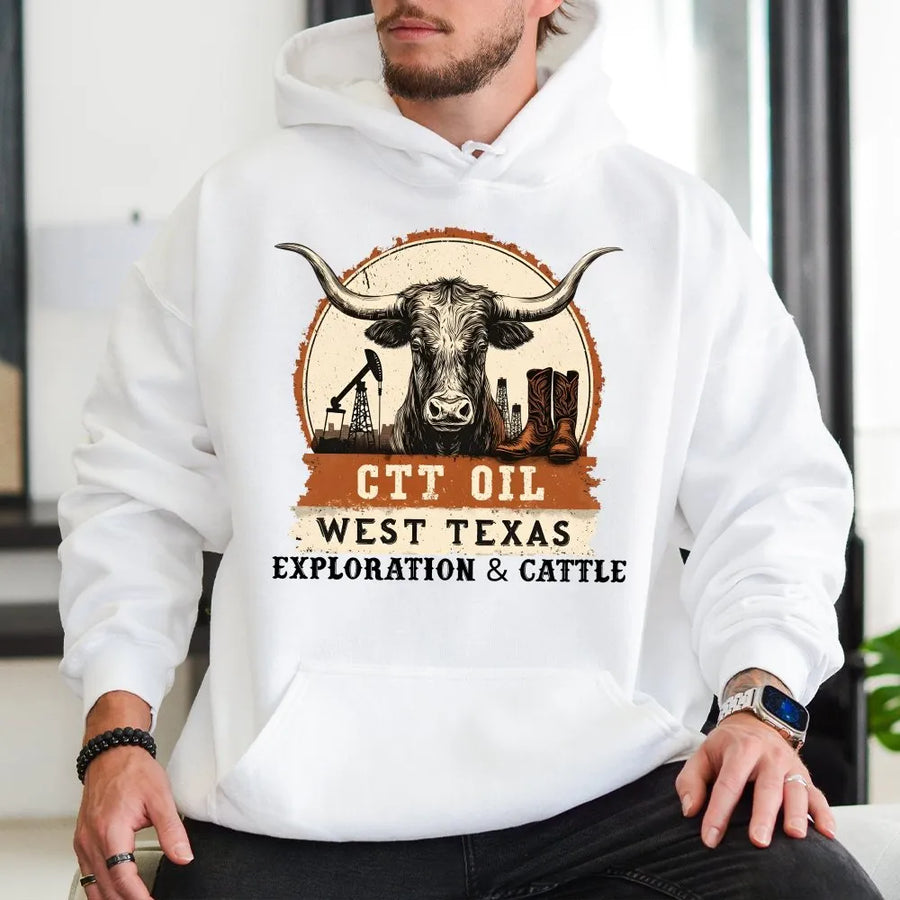 West Texas Oilfield Hoodie | Longhorn Cattle Ranch Graphic | Premium Cotton Blend | Unisex Western Workwear Gift