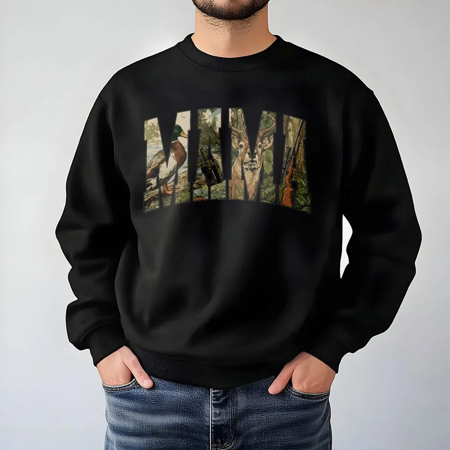 Hunting Mama Sweatshirt | Retro Camo Varsity Graphic | Soft Cotton Blend | Mother's Day Gift For Hunter Mom