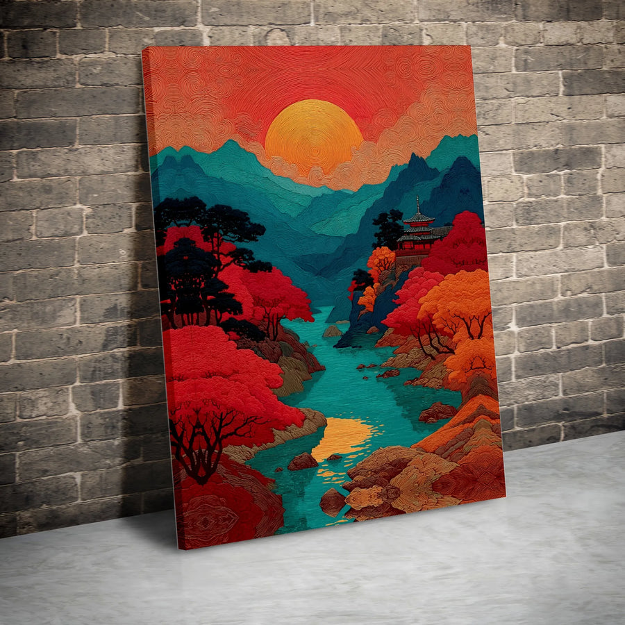 Japanese Landscape Canvas Art | Ukiyo-E Pagoda Autumn River Sunset | Premium Gallery Wrapped Decor | Zen Wall Art for Home or Office Gift