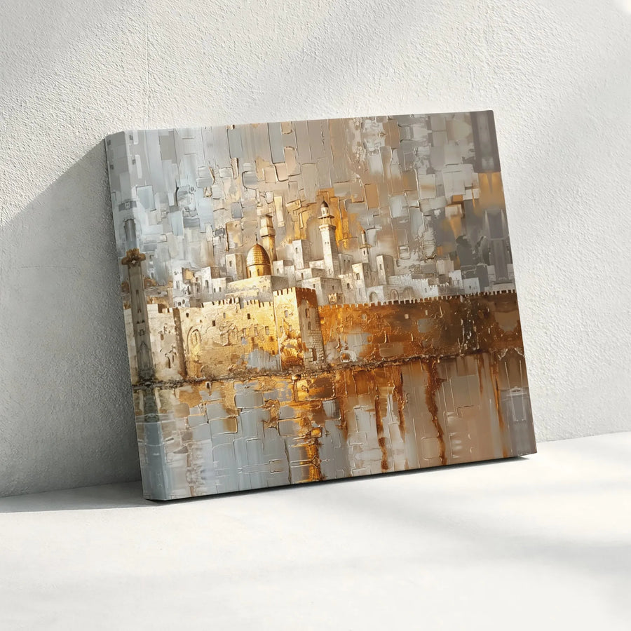 Jerusalem Old City Canvas Wall Art | Abstract Gold And Silver Skyline Print | Premium 1.25 Inch Gallery Wrap | Holy Land Home Decor Gift