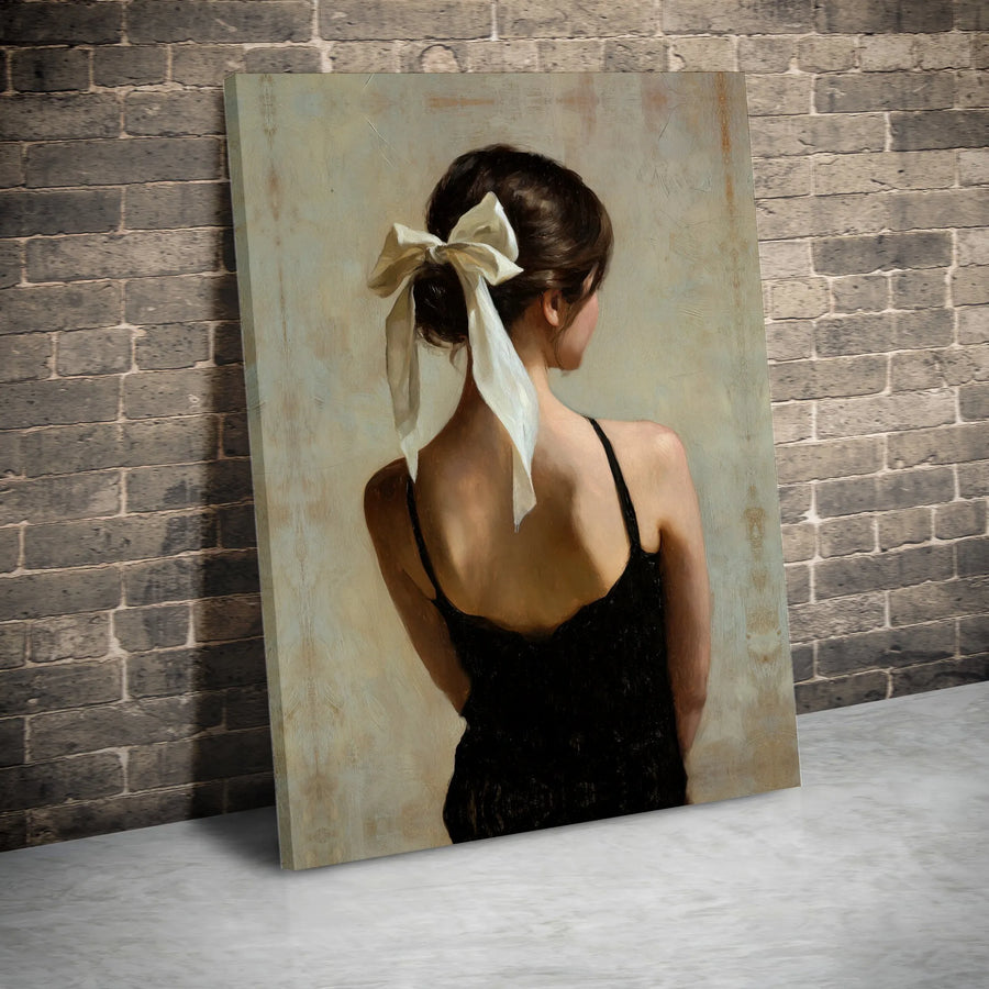 Woman Back Portrait Canvas Art | Elegant White Bow Hair Style | Premium Gallery Wrap Print | Minimalist Aesthetic Home Decor Gift