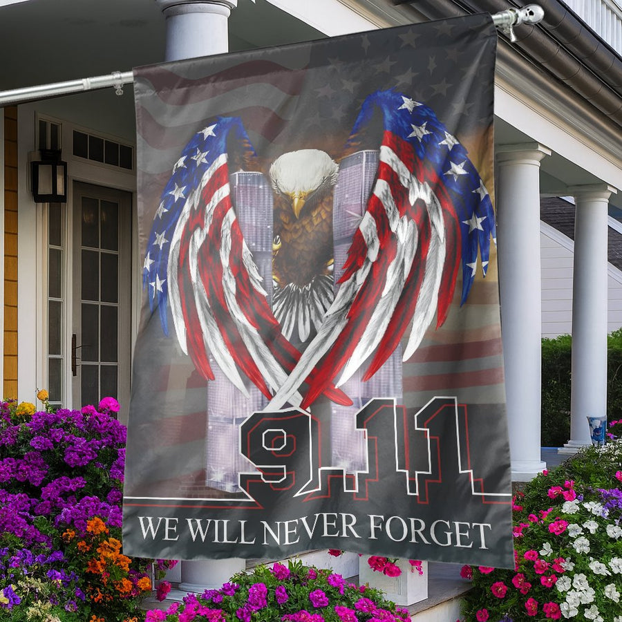 9/11 We Will Never Forget Flag | Patriotic American Eagle Twin Towers Design | Weather-Resistant Polyester | Memorial Day Remembrance Home Decor