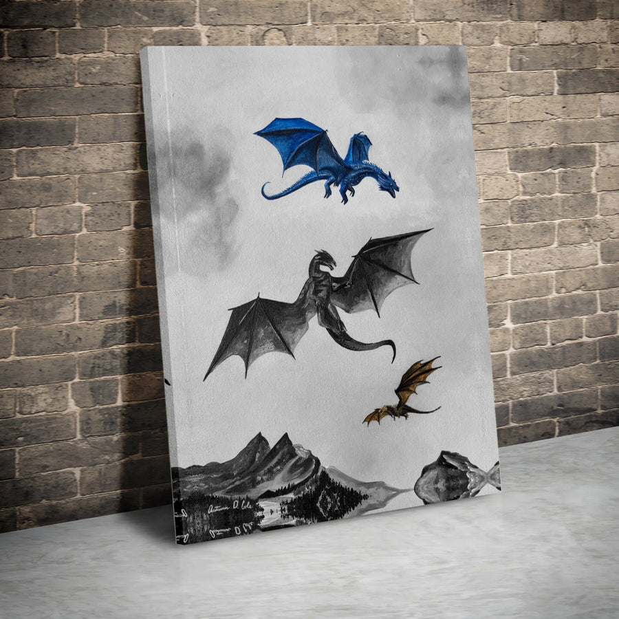 Three Dragons Canvas Print | Fantasy Mountain Landscape Wall Art | Premium 1.25-Inch Gallery Wrap | Gift for Dragon Lovers & Gamers