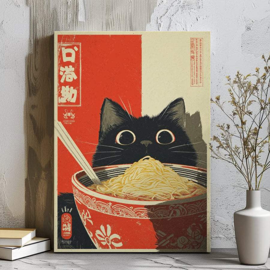 Japanese Ramen Cat Canvas Wall Art | Vintage Ukiyo-e Style Black Kitten | 1.25" Gallery Wrap Premium Print | Whimsical Kitchen Decor Gift for Cat Lovers
