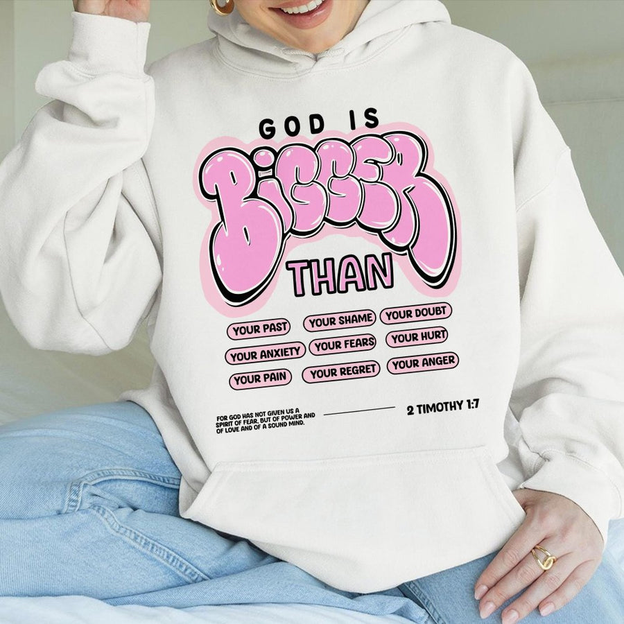 God Is Bigger Than Hoodie | 2 Timothy 1:7 Scripture Graphic | Premium Cotton Blend | Christian Faith Gift for Men and Women