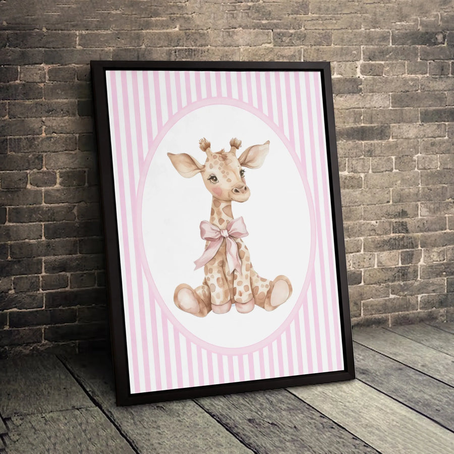 Baby Giraffe Wall Art Canvas | Pink Bow Safari Nursery Decor | Premium Fade-Resistant Print | Cute Animal Gift for Girl's Bedroom