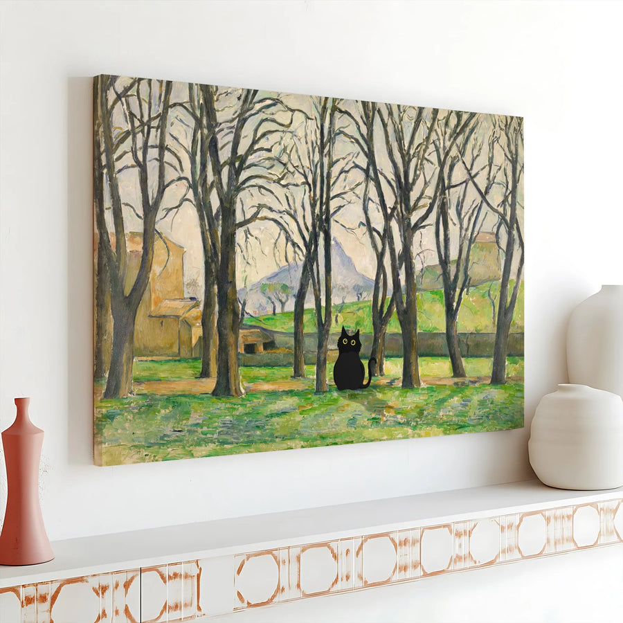 Black Cat Wall Art | Cézanne Landscape Painting Print | Premium Gallery Wrap Canvas | Whimsical Home Decor Gift for Cat Lovers