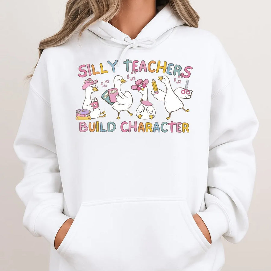 Silly Teacher Goose Hoodie | Funny Geese Build Character Graphic | Premium Cotton Blend | Back to School Teacher Appreciation Gift