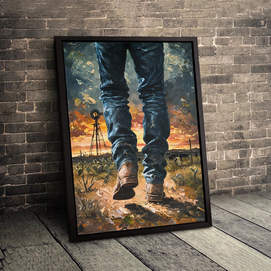 Western Cowboy Wall Art | Sunset Windmill Countryside Oil Painting Print | Premium Gallery Wrapped Canvas | Rustic Ranch Home Decor Gift