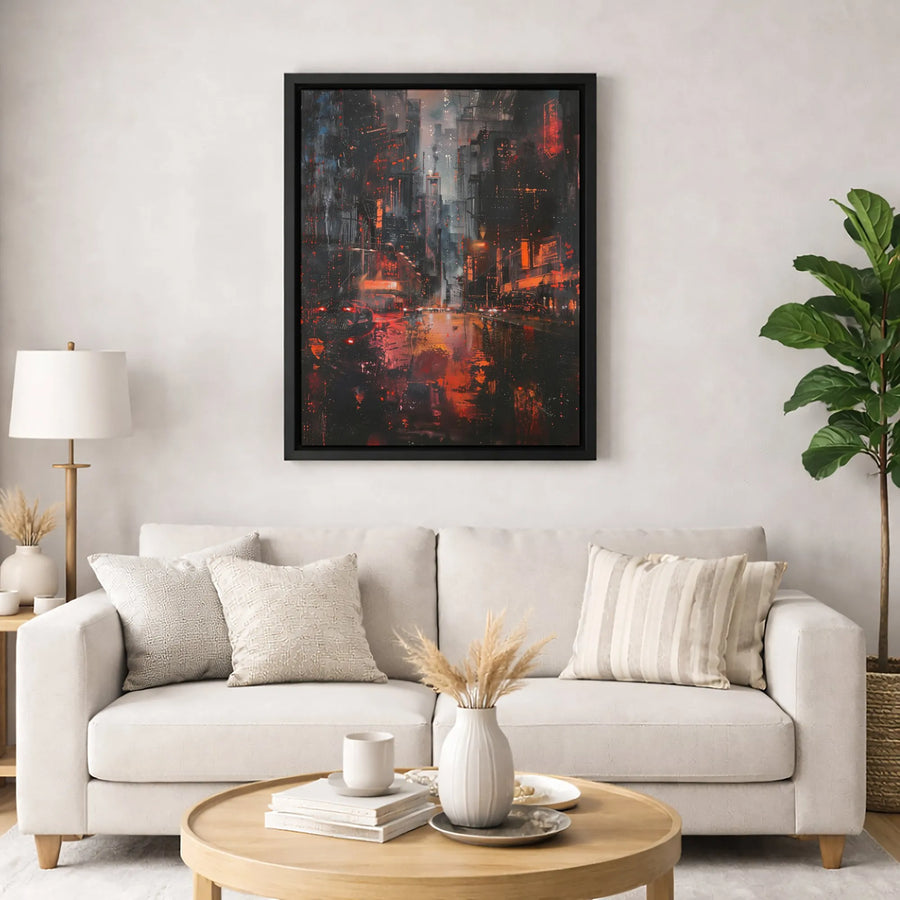 Abstract Dark Cityscape Canvas Wall Art | Rainy Street Neon Red Lights | Gallery-Quality 1.25" Profile | Modern Home & Office Decor Gift