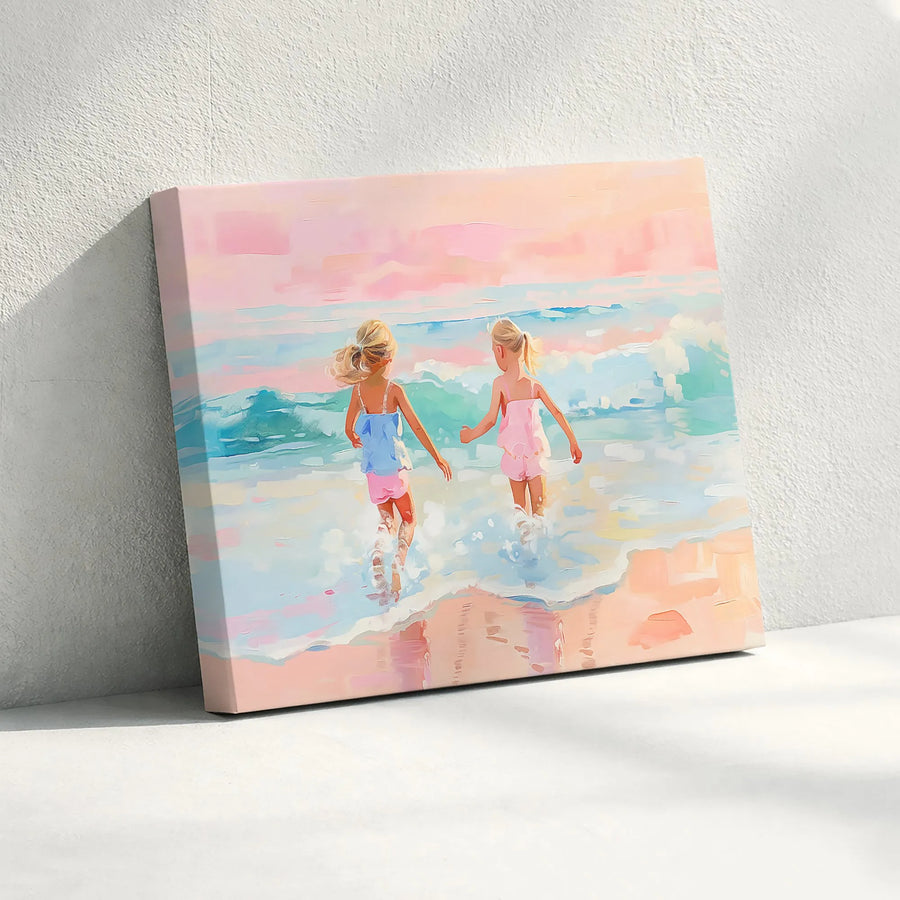 Sisters on Beach Canvas Print | Pastel Ocean Seascape Painting | Premium Gallery Quality Art | Coastal Nursery Wall Decor Gift