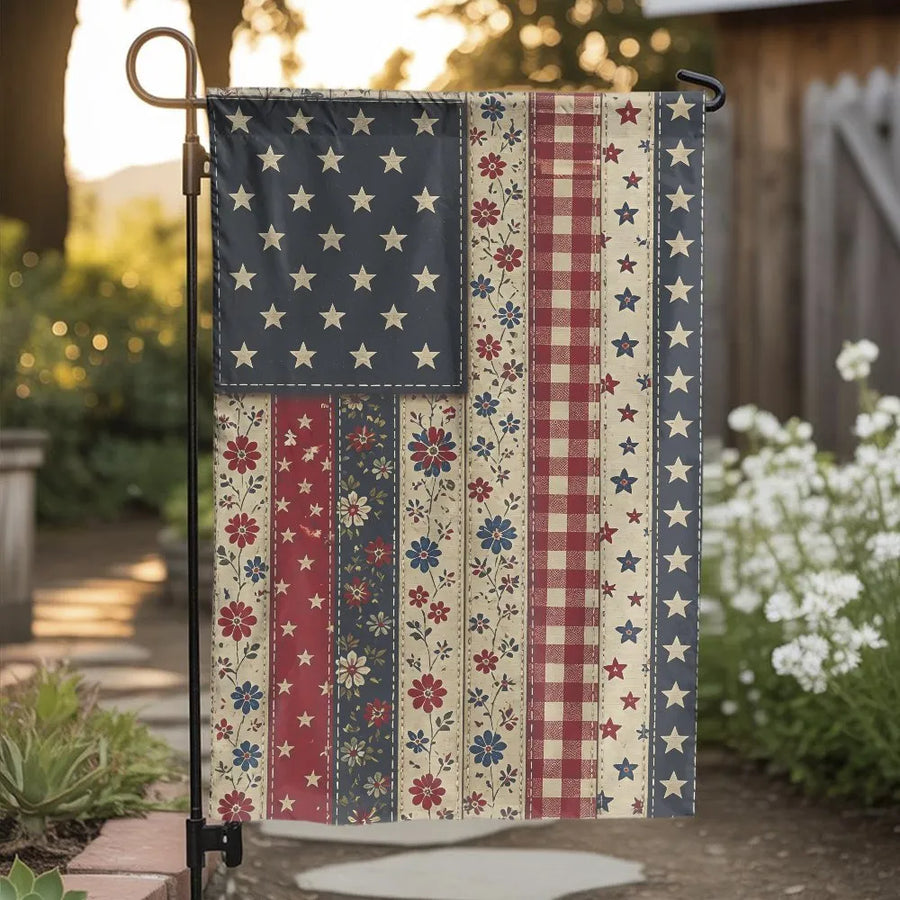 Vintage Americana Garden Flag | Rustic Stars and Stripes Patchwork Style Floral Pattern | Double Sided Premium Polyester | Patriotic Memorial Day Outdoor Yard Decor Gift