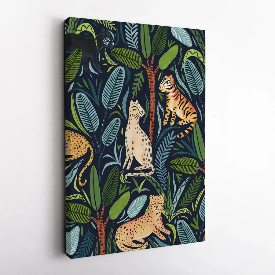 Boho Jungle Animals Vertical Canvas | Dark Botanical Big Cats Wall Art | Premium Gallery Wrap Print | Kids Room & Nursery Decor Gift