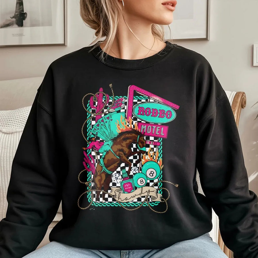 Rodeo Motel Western Sweatshirt | Neon Retro Wild West Graphic | Premium Cotton Blend Crewneck | Trendy Country Aesthetic Gift For Her