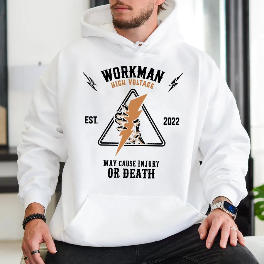 High Voltage Electrician Hoodie | Skeleton Hand Lightning Bolt Graphic | Premium Cotton Blend | Funny Gift For Lineman And Electrical Worker