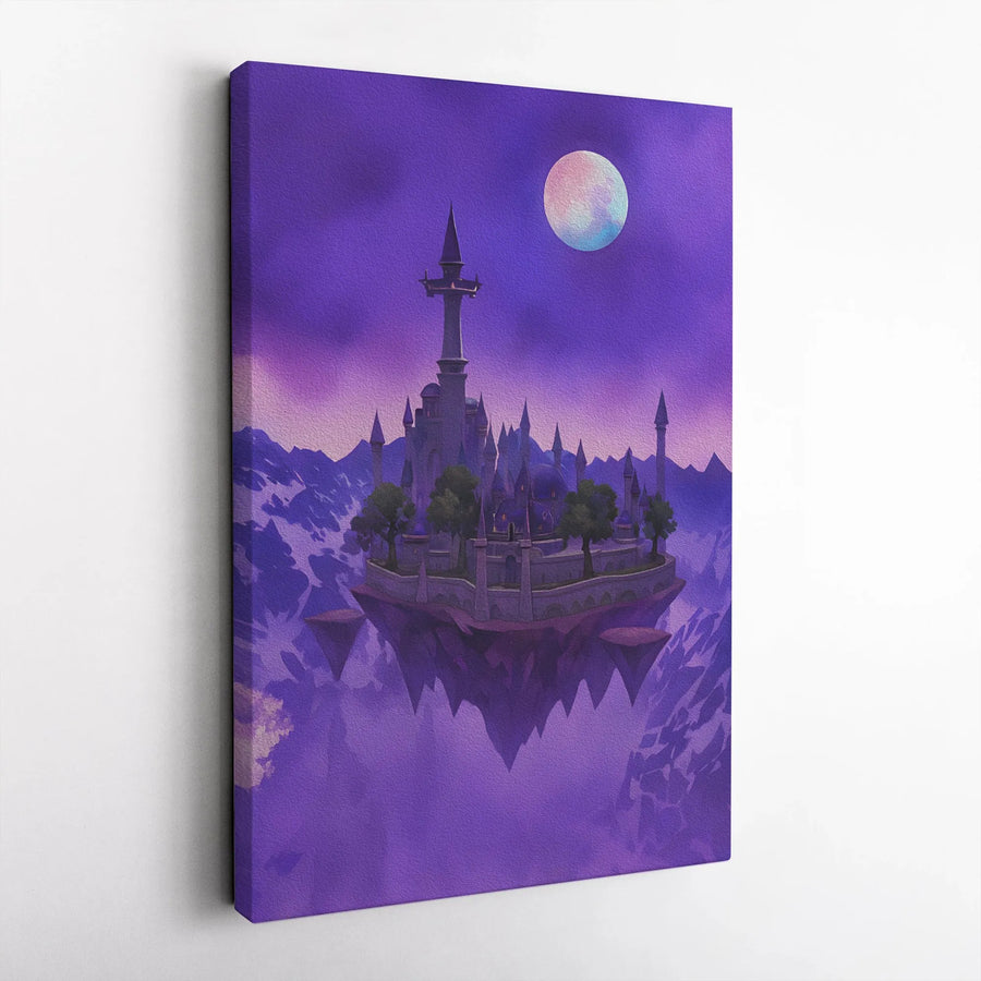 Floating Castle Canvas Print | Mystical Floating Island Under Full Moon | Premium Matte Canvas Art | Fantasy Decor Gift for Gamers
