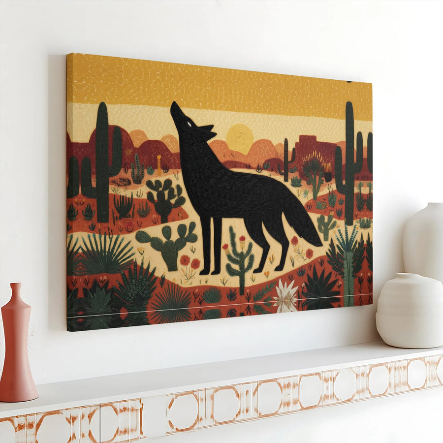Southwestern Coyote Canvas Wall Art | Folk Art Howling Coyote Print | Premium Gallery Wrapped Canvas | Southwest Home Decor Gift