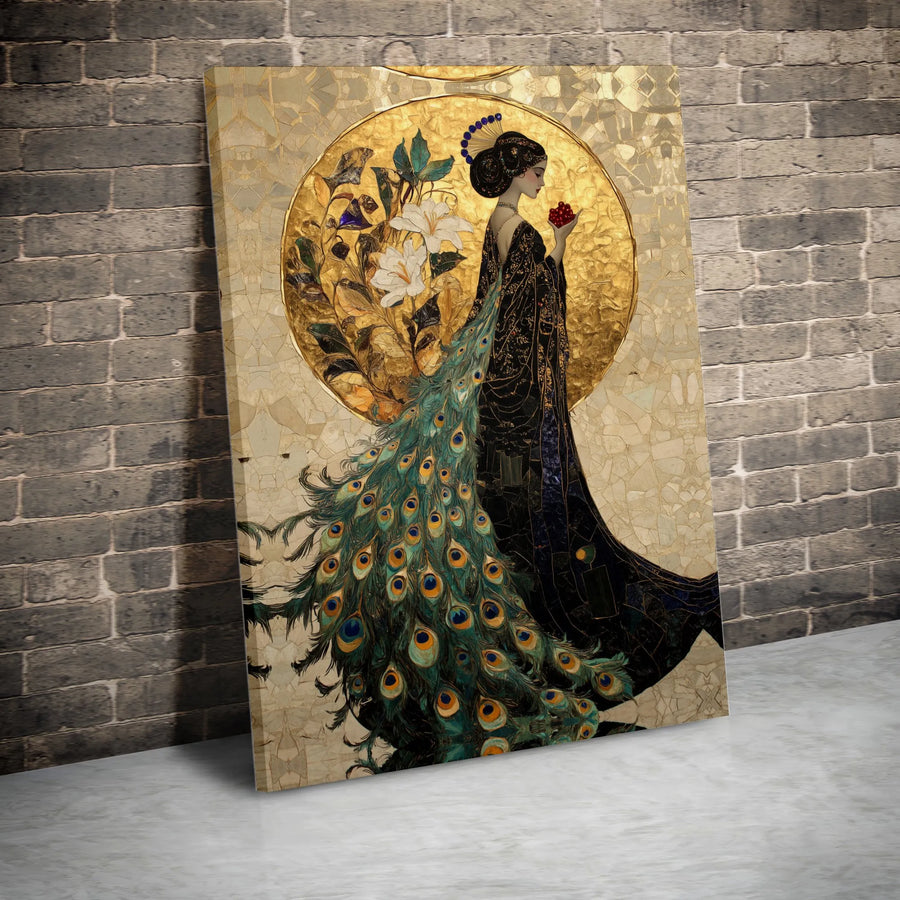 Art Nouveau Woman Wall Art | Peacock Feather Dress Canvas Print | Gold Mosaic Aesthetic Decor | Premium Gallery Quality Gift