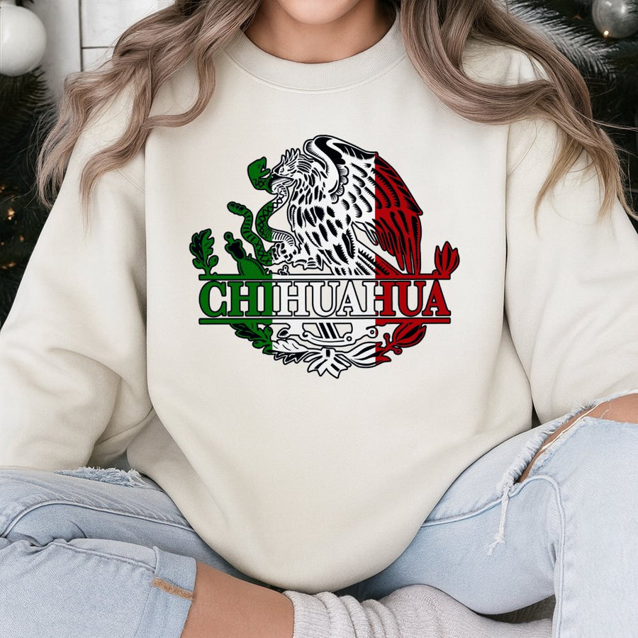 Chihuahua Mexico Eagle Emblem Sweatshirt | Vintage Mexican Flag Graphic | Premium Cotton Blend Crewneck | Heritage Gift for Proud Mexican Heritage