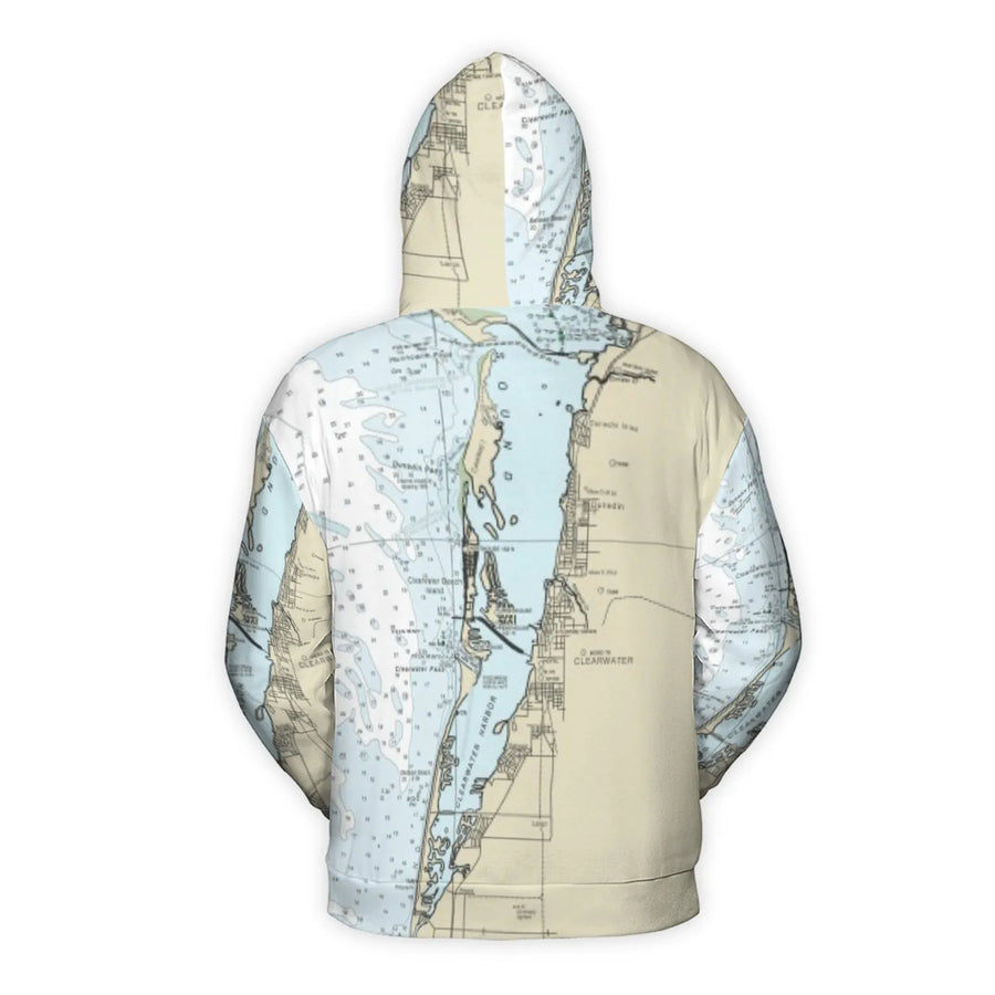 Clearwater Florida Nautical Map Hoodie | All-Over Print 3D Design | Brushed Fleece Lined Polyester | Coastal Gift for Beach Lovers & Boating Enthusiasts