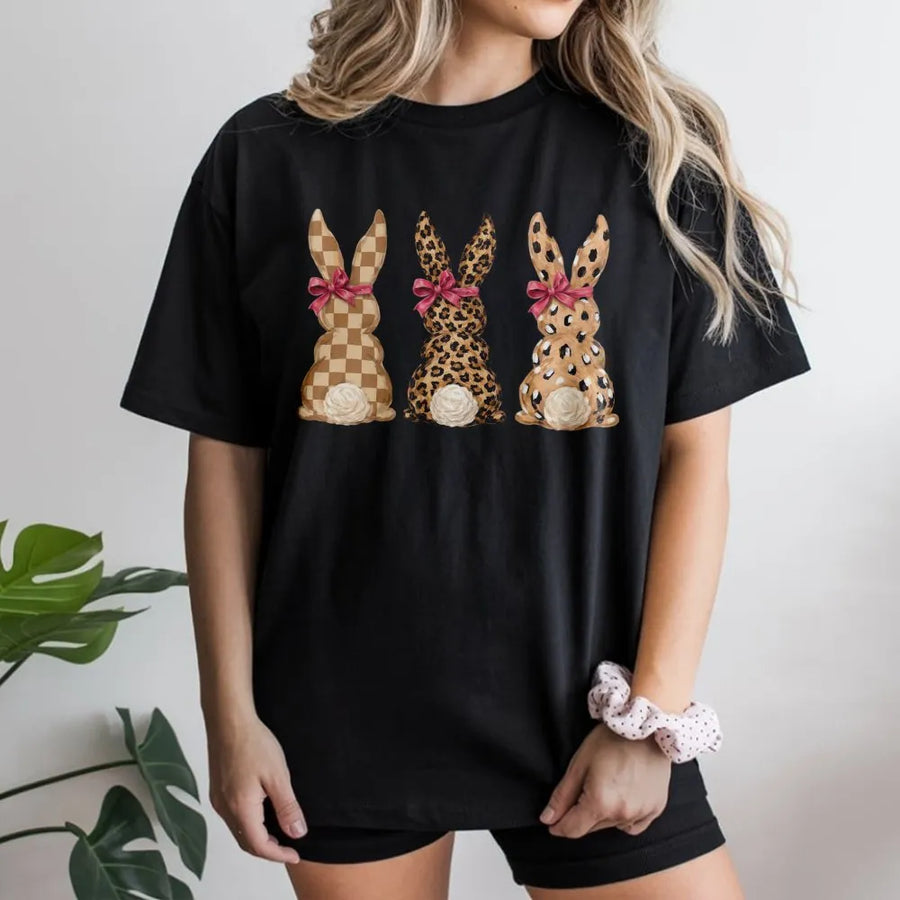 Leopard Bunny Easter Shirt | Cute Rabbit Graphic Tee with Leopard & Checkered Print | Soft Cotton Top | Happy Easter Gift for Women