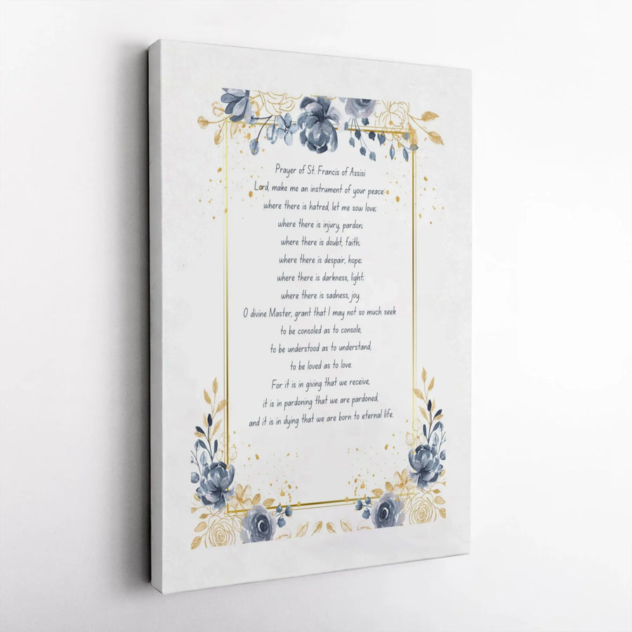 Prayer of St. Francis Canvas Wall Art | Blue and Gold Floral Watercolor Design | Premium Gallery Wrap | Religious Home Decor Gift for Inspiration