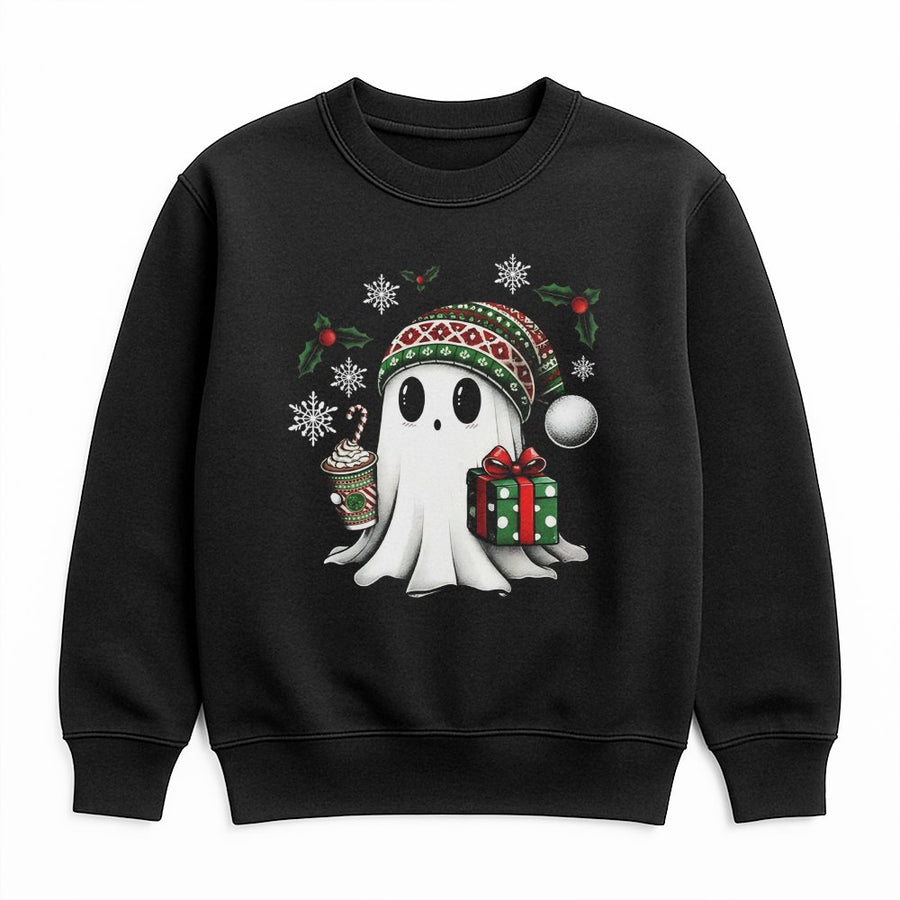 Cute Ghost Christmas Sweatshirt | Spooky Holiday Hot Cocoa Graphic | Premium Cotton Blend Crewneck | Unisex Funny Winter Holiday Gift