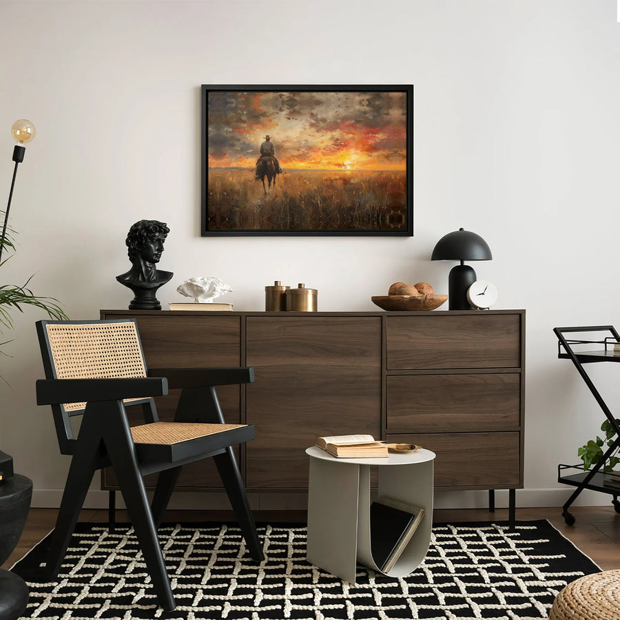 Cowboy Western Canvas Wall Art | Lone Rider Sunset Landscape Painting | Premium Gallery Wrapped Decor | Rustic Southwestern Home Gift