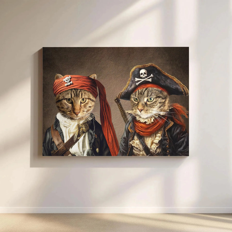 Pirate Cat Canvas Wall Art | Whimsical Two Tabby Pirates Portrait | Premium Gallery Wrapped Decor | Unique Animal Lover Gift for Home Office