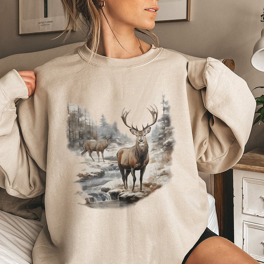 Deer Wilderness Sweatshirt | Watercolor Wildlife Forest Print | Premium Cotton Blend Crewneck | Nature Lover Gift For Outdoorsmen And Women