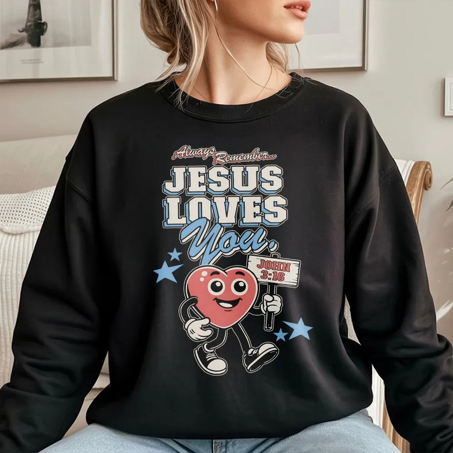 Jesus Loves You Sweatshirt | Vintage Cartoon Heart Graphic | Premium Cotton Blend | Christian Faith Gift for Him and Her