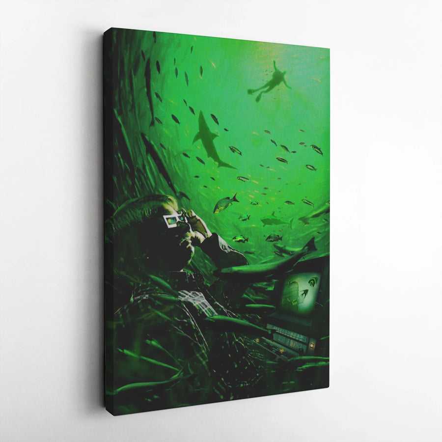 Surreal Underwater Shark Wall Art | Deep Sea Man With 3D Glasses Canvas Print | Premium Gallery Wrap Decor | Unique Office & Home Wall Decor
