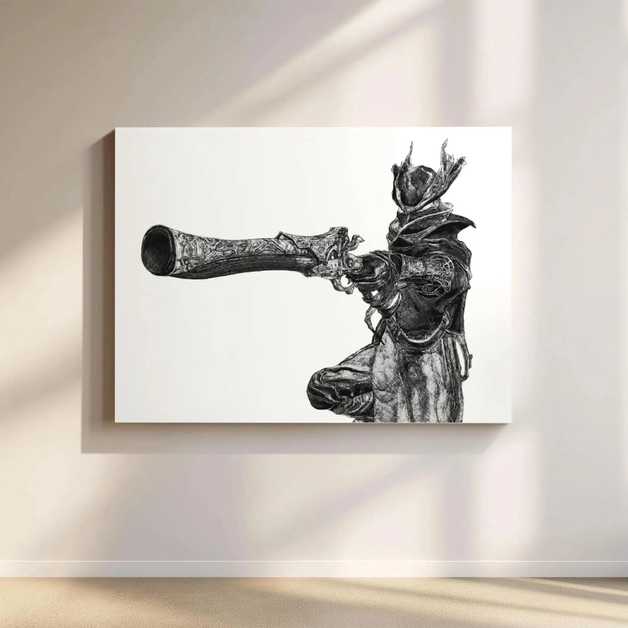 Dark Fantasy Hunter Canvas Art | Detailed Pencil Sketch Blunderbuss | 1.25 Inch Gallery Wrap | Premium Gaming Wall Decor Gift